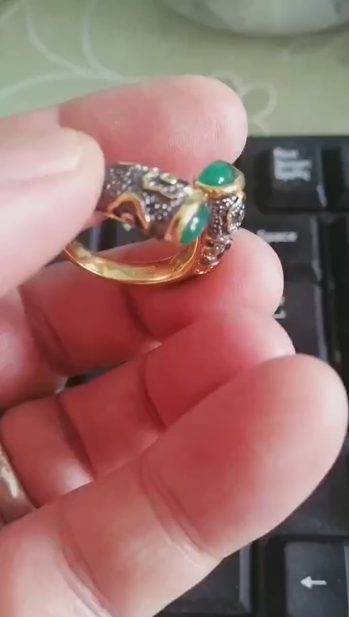 S925 Pure Silver Gold-Plated Floret Ring with Green Chalcedony | Inlaid Gemstone, Fashion Jewelry, For Women, Trend Design, Sterling Silver