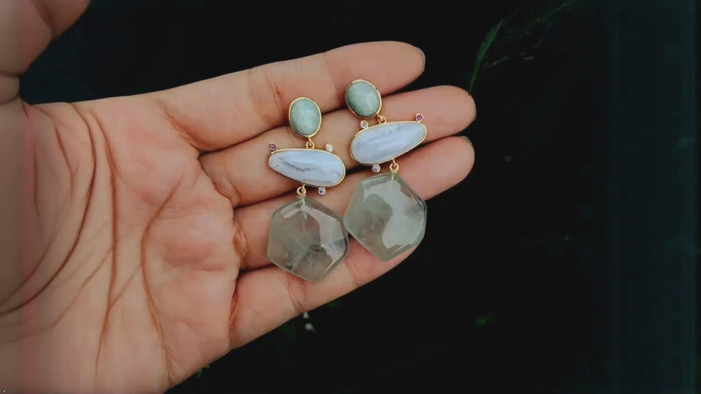 23x25mm Hexagon Shape Green Amethyst prasiolite Amazonite Lace Agate Dangle Stud Earrings