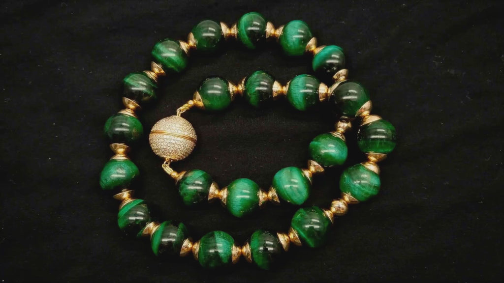 Green Tiger's Eye Beaded Choker Necklace, 14mm Round Beads, 18.5 Inches, Gold-Tone Magnetic CZ Clasp