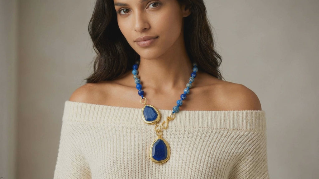 Natural Blue Sea Sediment Jasper Lapis Chunk Pendant Necklace | Round Shape, Natural Stone, Sea Sediment Jasper, Blue Lapis, Pendant Style