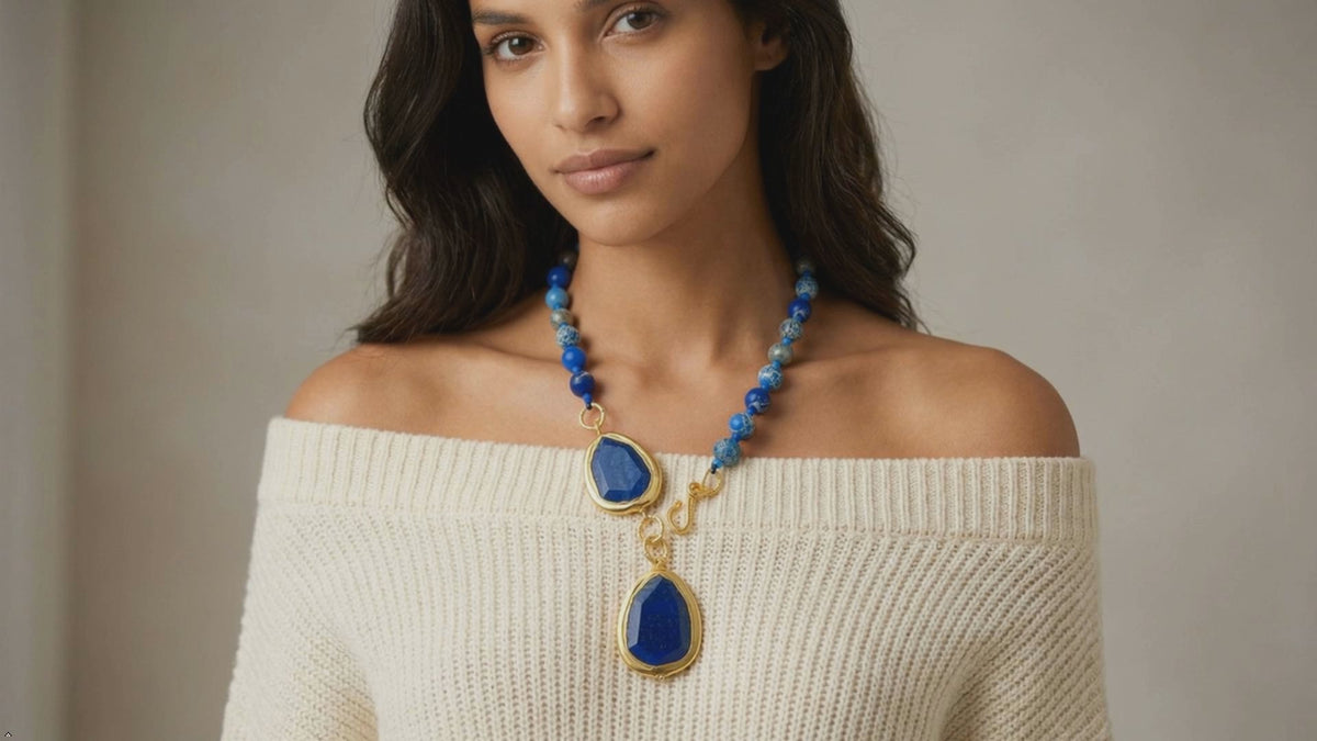 Natural Blue Sea Sediment Jasper Lapis Chunk Pendant Necklace | Round Shape, Natural Stone, Sea Sediment Jasper, Blue Lapis, Pendant Style