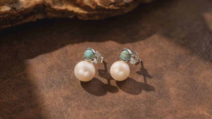 Big Pearl Ball Charm Round Turquoise 925 Sterling Silver Stud Earrings
