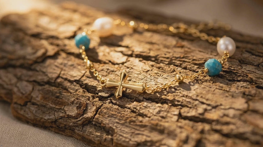 925 Silver Gold Plated Turquoise Pearl Chain Link Bracelet