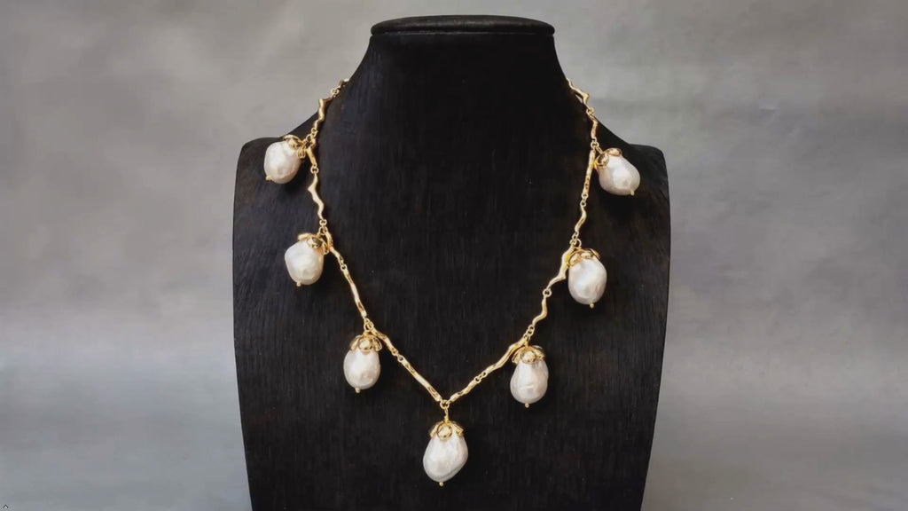 Gold Plated White Sea Shell Pearl Chain Link Necklace