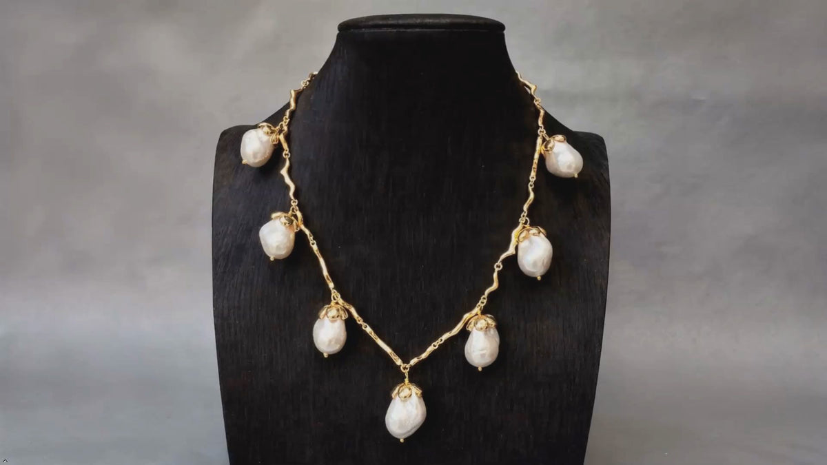 Gold Plated White Sea Shell Pearl Chain Link Necklace