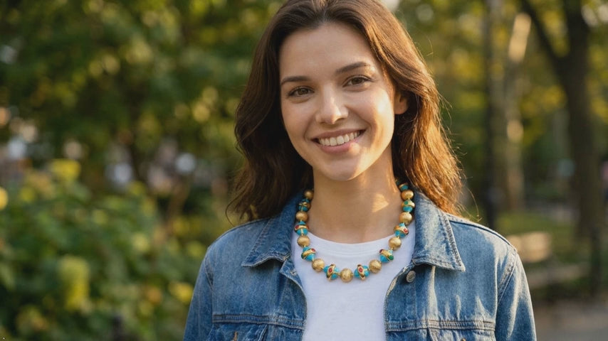 18mm Brushed Beads Blue Turquoise Multi Color Jade Gold Plated Choker