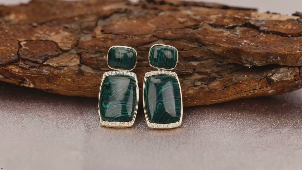 Sterling Silver Vintage Malachite Dangle Earrings, Green Natural Stone with Zircon Paved, 20x23mm, Gold Plated Rectangular Stud
