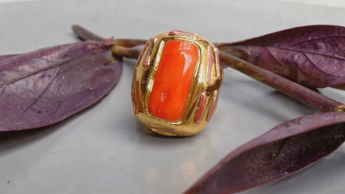 Big Orange Coral Adjustable Ring 24x28mm Gold Plated Fashion Ring | Anniversary Jewelry, Gold Plated Finish, Adjustable Band, 24x28mm Size