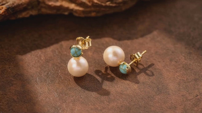 Big Pearl Ball Charm Round Turquoise 925 Sterling Silver Stud Earrings
