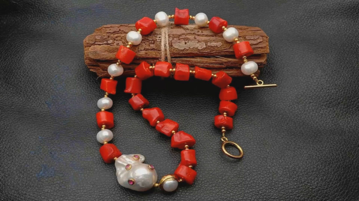 Red Coral White Pearl Necklace with Keshi Pearl CZ Pave Pendant