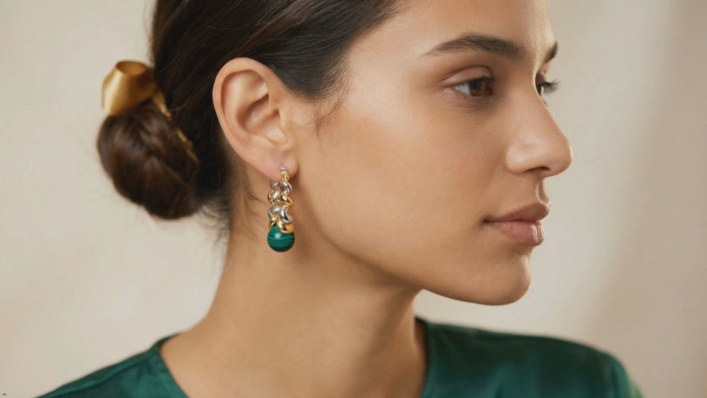 Natural Malachite 925 Sterling Silver Dangle Earrings Women Dichroic Plating Spiral Twisted Chic Earring