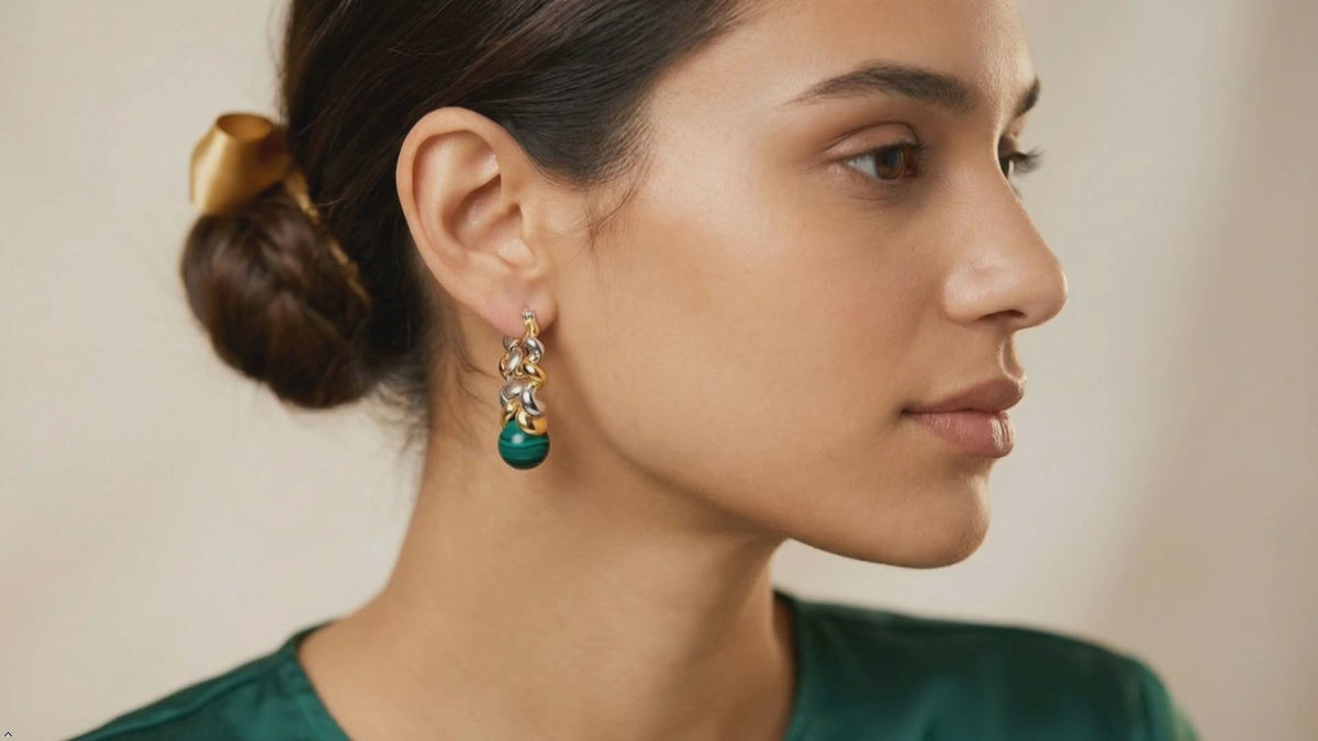 Natural Malachite 925 Sterling Silver Dangle Earrings Women Dichroic Plating Spiral Twisted Chic Earring