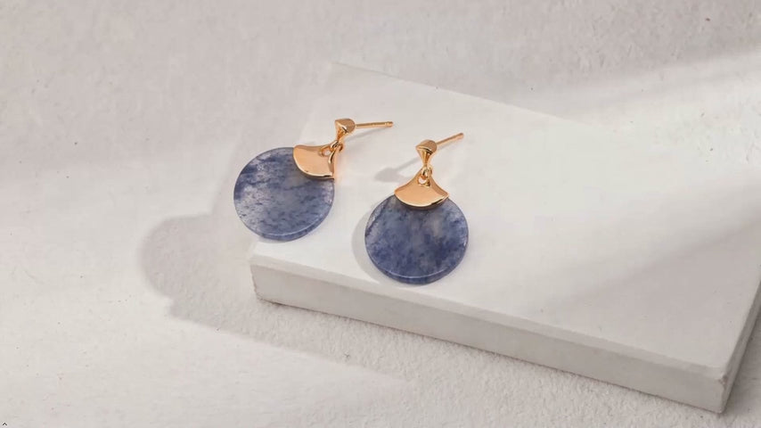 Round Blue Aventurine Stone 925 Silver Teardrop Dangle Earrings
