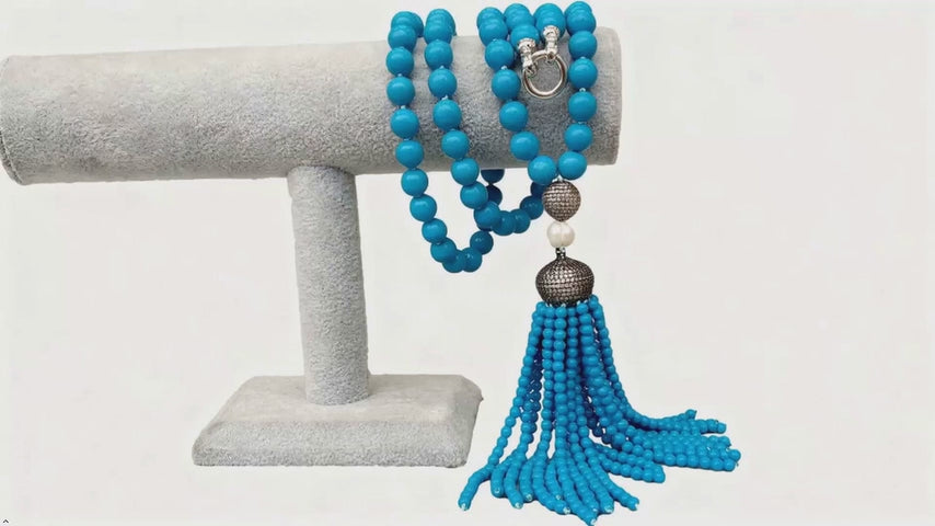 10mm Blue Turquoise Long Necklace with Cubic Zirconia Pave Pearl Tassel