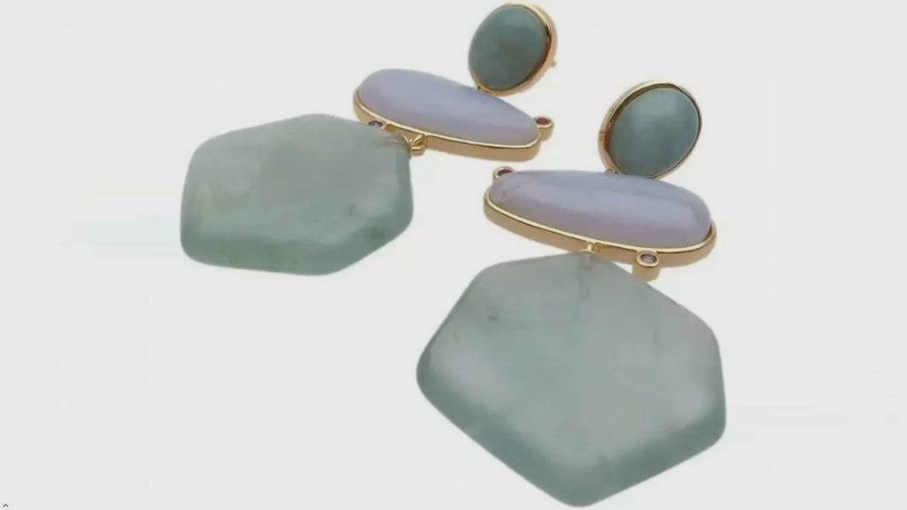 23x25mm Hexagon Shape Green Amethyst prasiolite Amazonite Lace Agate Dangle Stud Earrings