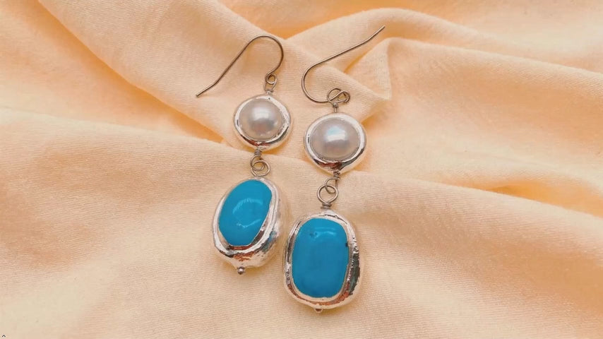 Cultured White Pearl Blue Turquoise Gold Plated 925 Silver Hook Dangle Earrings