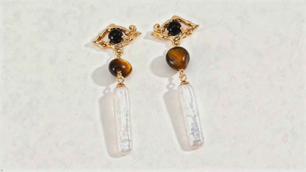 Onyx Tiger's Eye Stone 925 Silver Baroque Pearl Long Bar Earrings