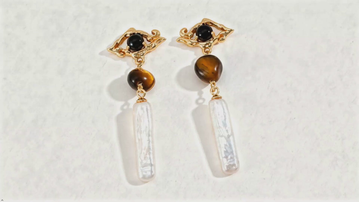 Onyx Tiger's Eye Stone 925 Silver Baroque Pearl Long Bar Earrings