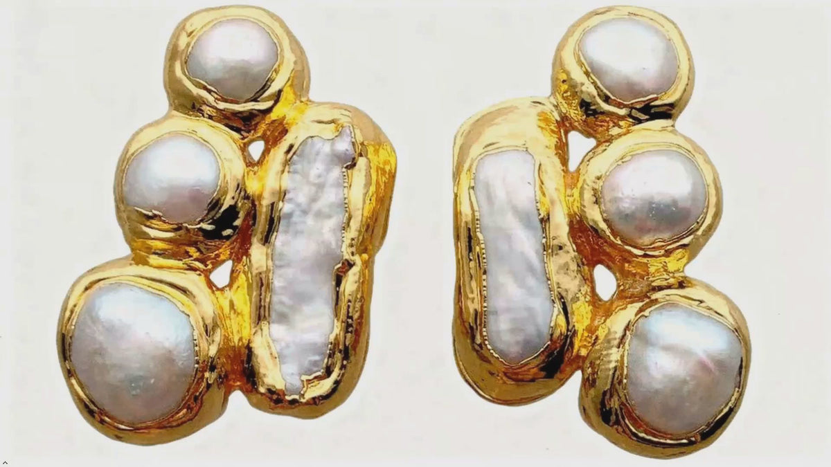 Gold Plated Cultured White Pearl Chunky Stud Earrings for Women